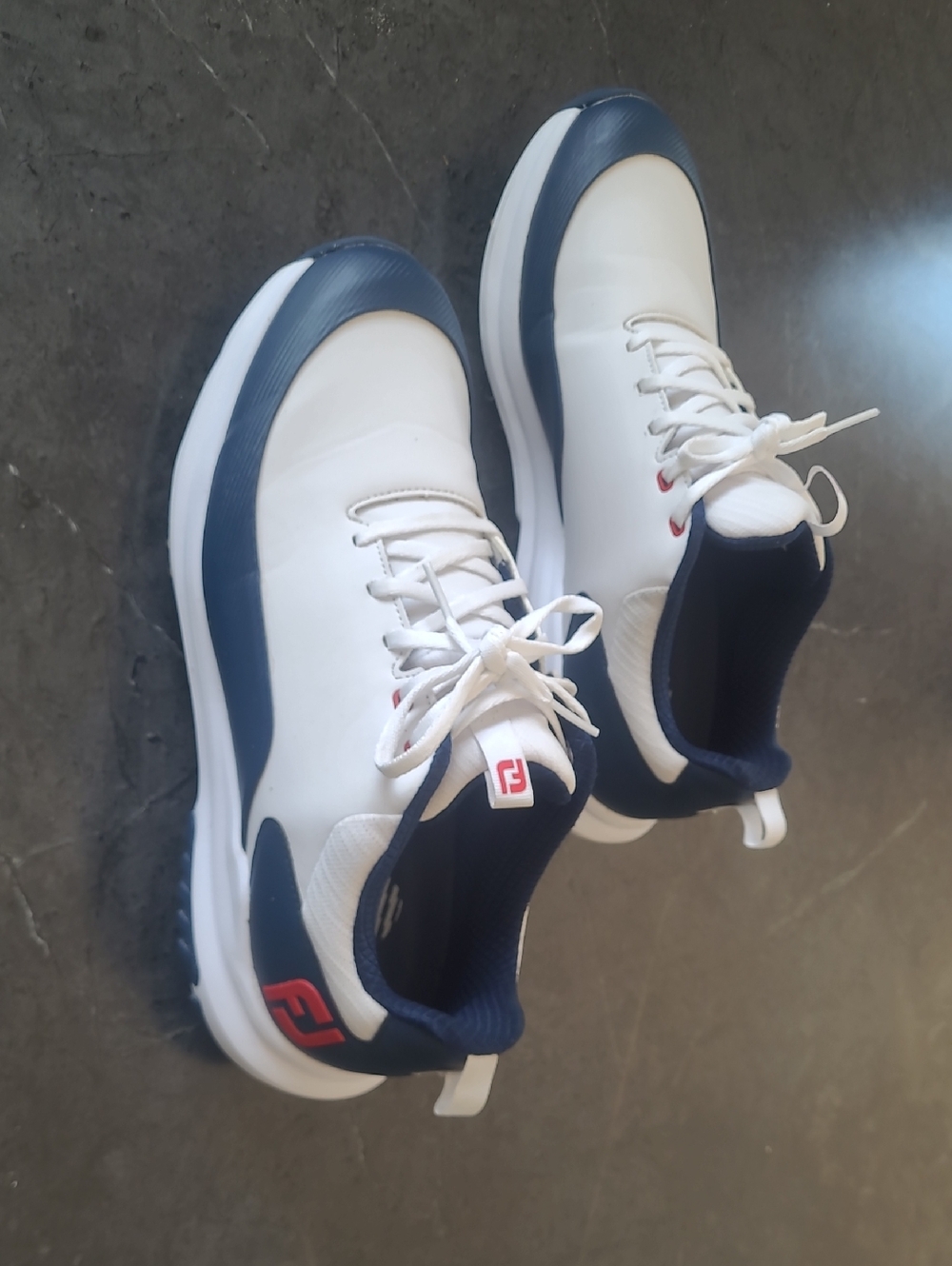 Men's White and Navy Golf Shoes with Red Accents